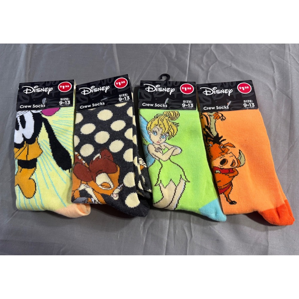 Disney Crew Socks 4 Pack Tinker Bell Goofy Pumbaa Tigger Size 9-13 New